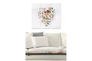 Trelerretsbilde 3-delt 50x70 cm - Hjerteformet komposisjon av tørkede blomster og grønne blader - Rosa / Grønn / Beige - Interiør - Maleri & posters - Lerretsbilder