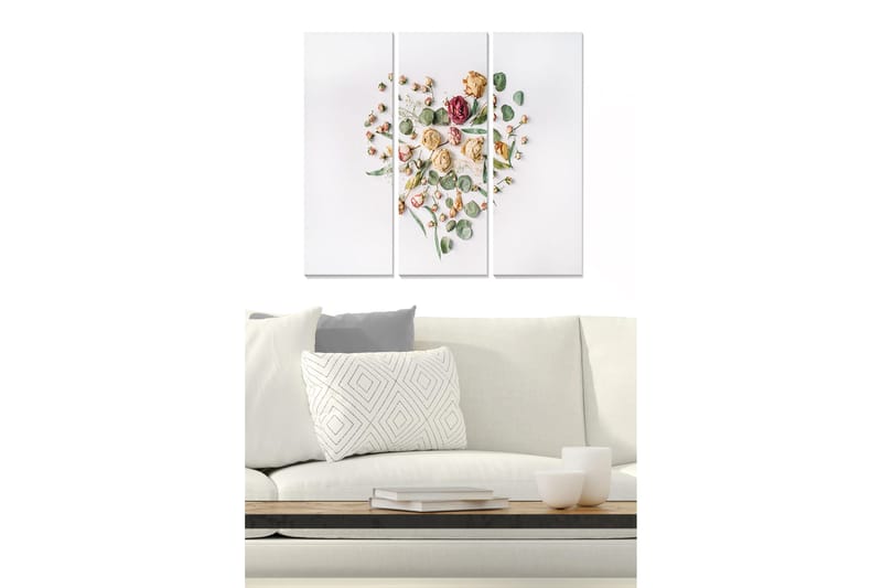 Trelerretsbilde 3-delt 50x70 cm - Hjerteformet komposisjon av tørkede blomster og grønne blader, Rosa / Grønn / Beige