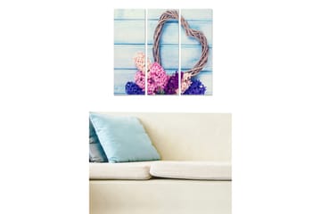Trelerretsbilde 3-delt 50x70 cm - Hjerteformet krans av grener med fargerike blomster i rosa og lilla nyanser - Rosa / Lilla / Blå - Interiør - Maleri & posters - Lerretsbilder