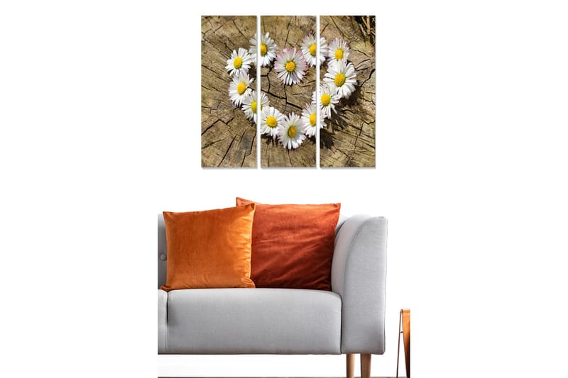 Trelerretsbilde 3-delt 50x70 cm - Hjerteformet samling av tusenfryd på en treflate, Hvit / Gul / Brun