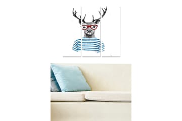 Trelerretsbilde 3-delt 50x70 cm - Hjort med briller og stripete genser - Svart / Blå / Rød - Interiør - Maleri & posters - Lerretsbilder