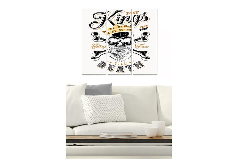 Trelerretsbilde 3-delt 50x70 cm - Hodeskalle med krone og korsbein, Svart / Gull / Hvit