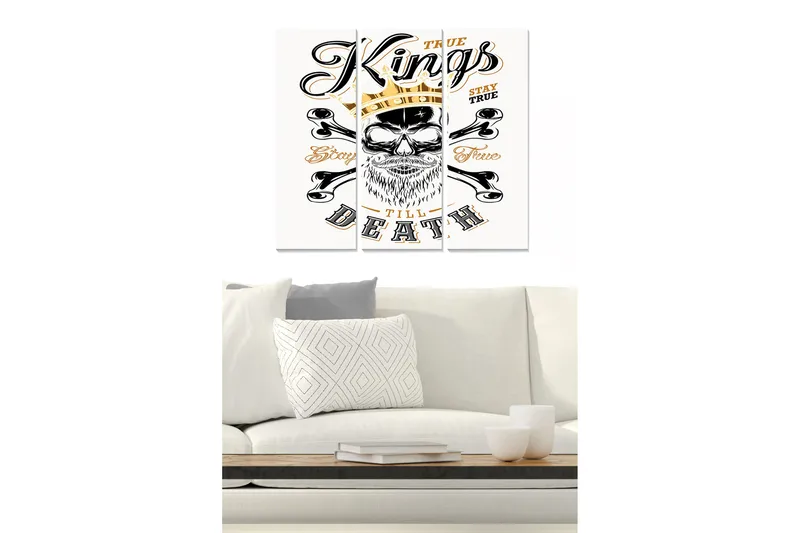 Trelerretsbilde 3-delt 50x70 cm - Hodeskalle med krone og korsbein, Svart / Gull / Hvit