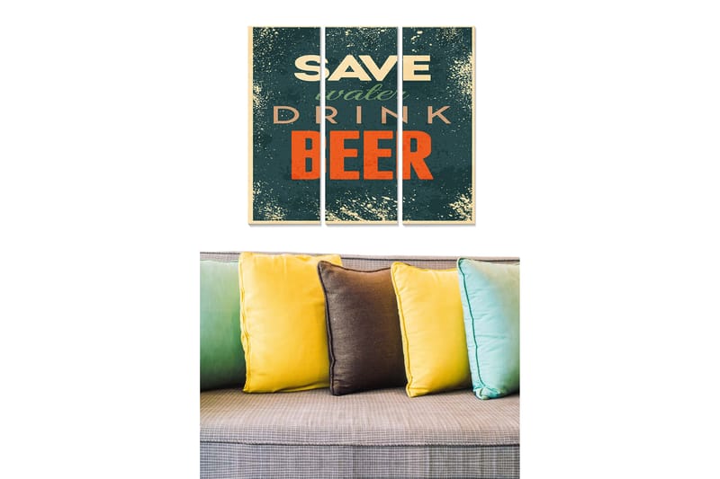 Trelerretsbilde 3-delt 50x70 cm - Humoristisk trykk med teksten SAVE water DRINK BEER, Mørk grønn / Oransje / Beige