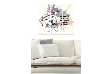 Trelerretsbilde 3-delt 50x70 cm - Hund med fjærhodeplagg og fargerike sprayflasker - Grå / Rosa / Rød - Interiør - Maleri & posters - Lerretsbilder