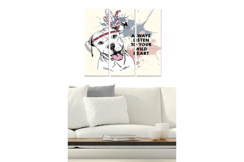 Trelerretsbilde 3-delt 50x70 cm - Hund med fjærhodeplagg og fargerike sprayflasker, Grå / Rosa / Rød