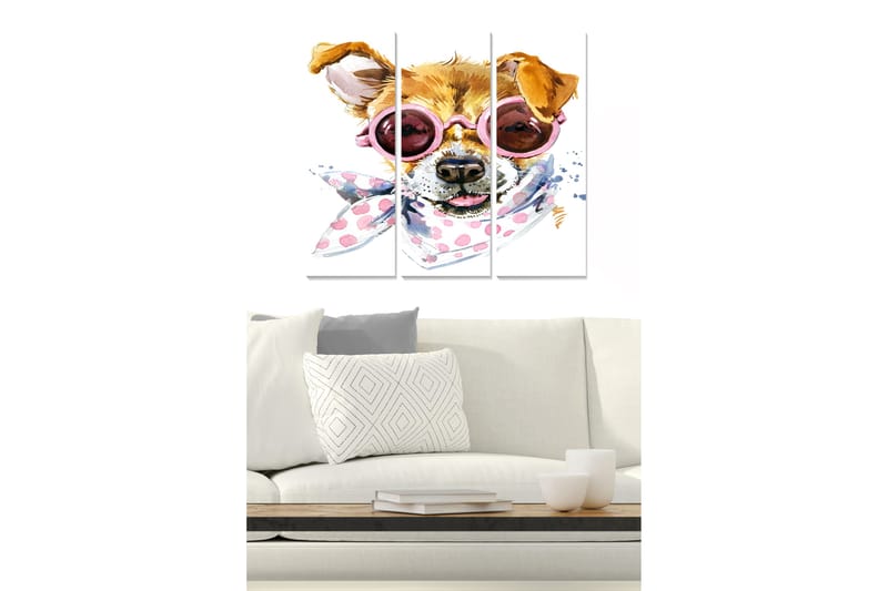 Trelerretsbilde 3-delt 50x70 cm - Hund med solbriller og skjerf i leken stil, Brun / Rosa / Hvit