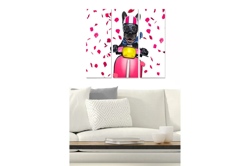 Trelerretsbilde 3-delt 50x70 cm - Hund på sparkesykkel omgitt av roseblader, Rosa / Svart / Gul