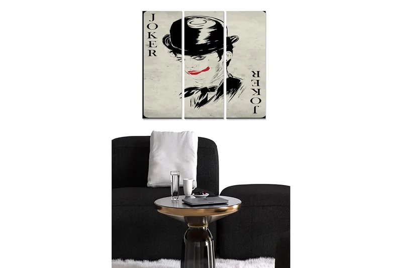 Trelerretsbilde 3-delt 50x70 cm - Jokerportrett med dramatisk sminke og hatt, Svart / Rød / Beige