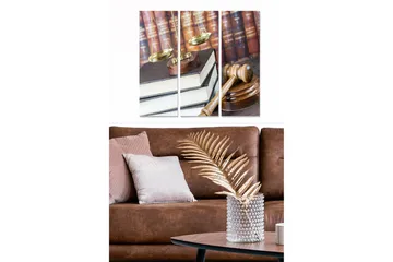 Trelerretsbilde 3-delt 50x70 cm - Juridisk symbolikk med vekter, klubba og bøker - Gull / Brun / Hvit - Interiør - Maleri & posters - Lerretsbilder