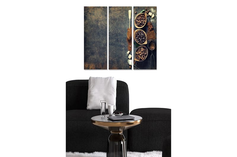 Trelerretsbilde 3-delt 50x70 cm - Kaffe- og krydderkomposisjon i skåler, Mørk brun / Beige / Svart