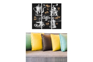 Trelerretsbilde 3-delt 50x70 cm - Kaffeutstyr med stiliserte kaffebønner - Svart / Hvit / Gull - Interiør - Maleri & posters - Lerretsbilder