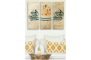 Trelerretsbilde 3-delt 50x70 cm - Kalligrafisk komposisjon med ordet Allah i midten - Mørk blå / Oransje / Beige - Interiør - Maleri & posters - Lerretsbilder