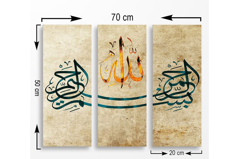 Trelerretsbilde 3-delt 50x70 cm - Kalligrafisk komposisjon med ordet Allah i midten - Mørk blå / Oransje / Beige - Interiør - Maleri & posters - Lerretsbilder