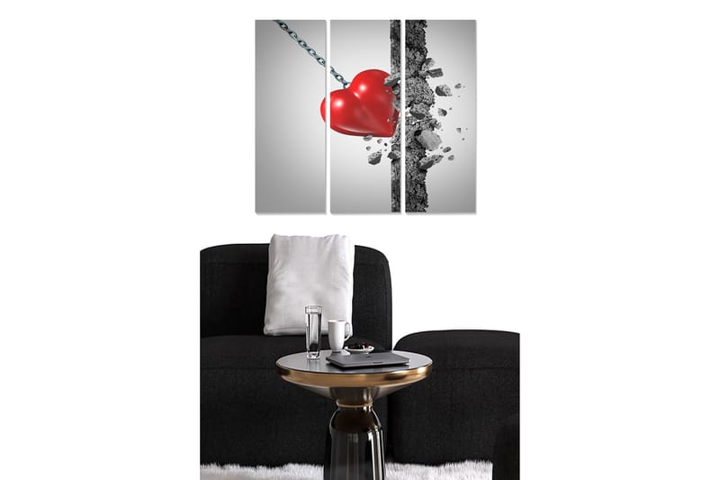 Trelerretsbilde 3-delt 50x70 cm - Knust hjerte henger i en kjede, Rød / Grå / Svart