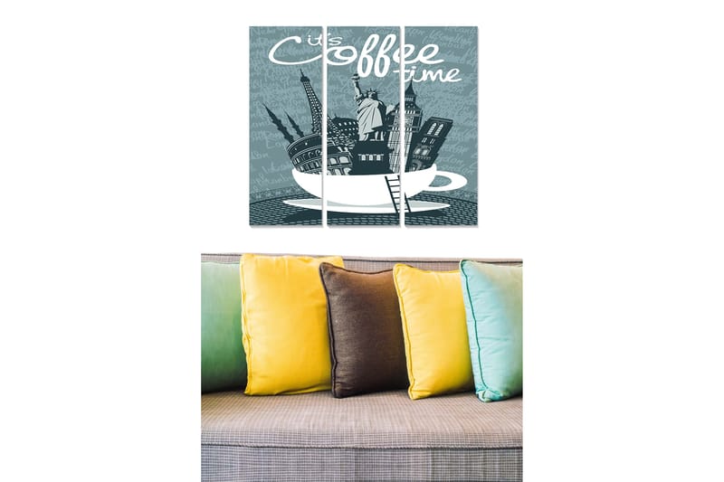 Trelerretsbilde 3-delt 50x70 cm - Kopp med bysilhuetter og teksten It's coffee time, Blå / Hvit / Grå