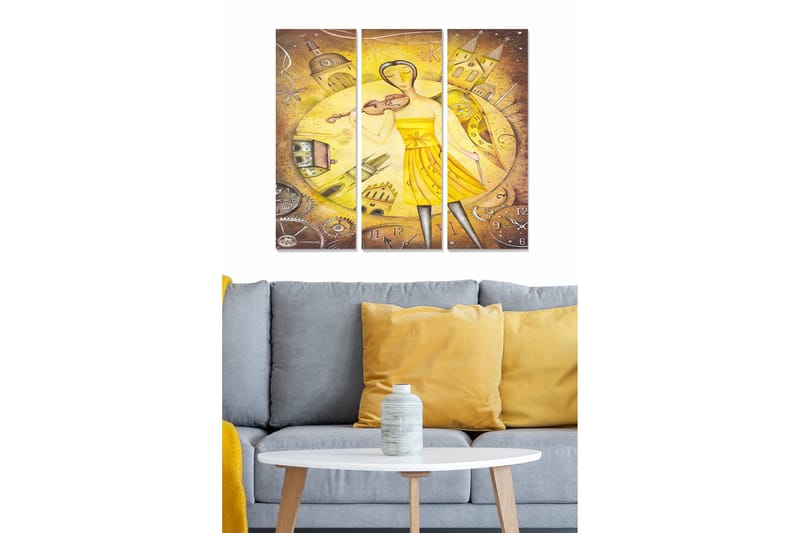 Trelerretsbilde 3-delt 50x70 cm - Kvinne i gul kjole som spiller fiolin mot en bakgrunn av klokker og bygninger, Gul / Brun / Grå