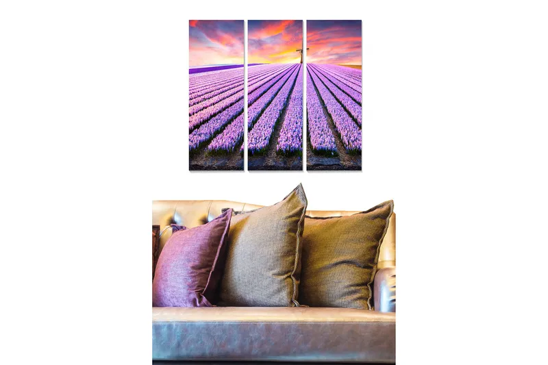 Trelerretsbilde 3-delt 50x70 cm - Lavendelåkrer under en fargerik himmel, Lilla / Grønn / Oransje