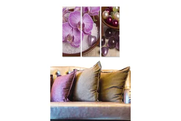 Trelerretsbilde 3-delt 50x70 cm - Lilla orkideer i en bolle med dekorasjoner - Lilla / Hvit / Grønn - Interiør - Maleri & posters - Lerretsbilder