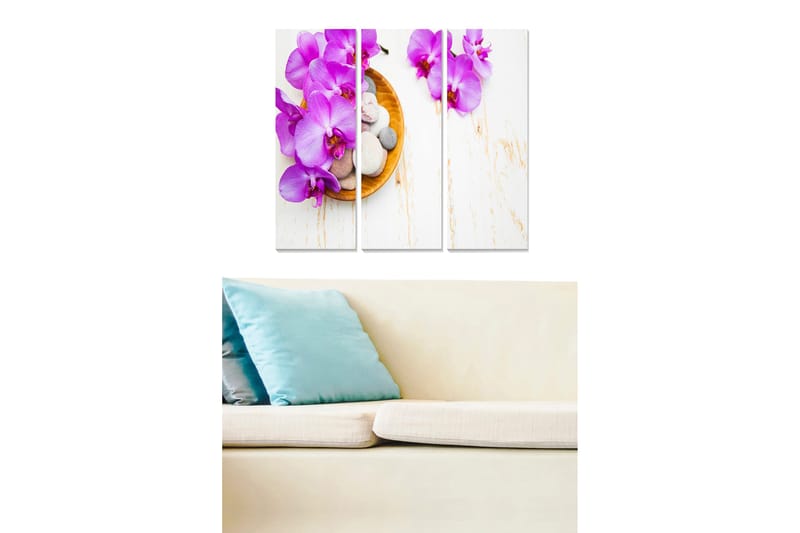 Trelerretsbilde 3-delt 50x70 cm - Lilla orkideer i en bolle med steiner, Lilla / Beige / Hvit