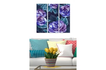 Trelerretsbilde 3-delt 50x70 cm - Lilla roser med grønne blader - Lilla / Grønn / Mørk blå - Interiør - Maleri & posters - Lerretsbilder