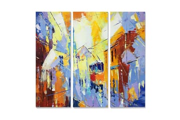 Trelerretsbilde 3-delt 50x70 cm - Livlig bybilde med en trikk i bevegelse - Blå / Oransje / Gul - Interiør - Maleri & posters - Lerretsbilder