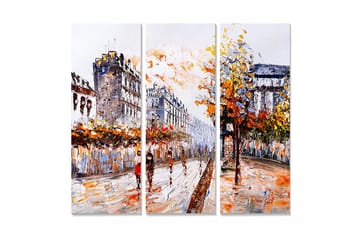 Trelerretsbilde 3-delt 50x70 cm - Livlig bybilde med høsttrær og folk på en gate - Oransje / Gul / Blå - Interiør - Maleri & posters - Lerretsbilder