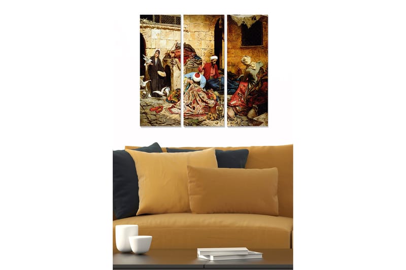 Trelerretsbilde 3-delt 50x70 cm - Livlig markedsscene med mennesker og varer i historiske omgivelser, Rød / Beige / Grønn