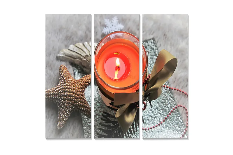 Trelerretsbilde 3-delt 50x70 cm - Lyslykt med en varm oransje tone omgitt av julepynt, Oransje / Brun / Grønn