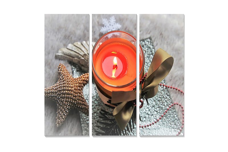 Trelerretsbilde 3-delt 50x70 cm - Lyslykt med en varm oransje tone omgitt av julepynt, Oransje / Brun / Grønn