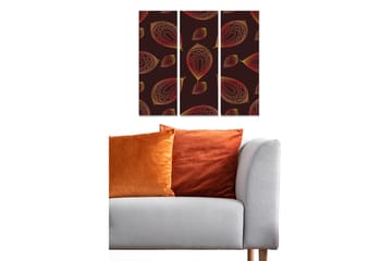 Trelerretsbilde 3-delt 50x70 cm - Mønster av stiliserte blader i varme farger - Mørk rød / Gull / Oransje - Interiør - Maleri & posters - Lerretsbilder