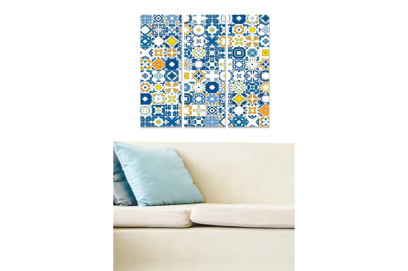 Trelerretsbilde 3-delt 50x70 cm - Mønstret veggdekorasjon med geometriske former i blått og gult, Blå / Gul / Oransje