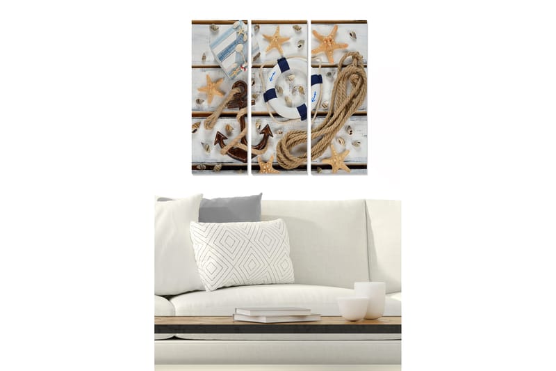 Trelerretsbilde 3-delt 50x70 cm - Marint stilleben med skjell, stjerneformet sjøstjerne og livbøye, Beige / Blå / Brun