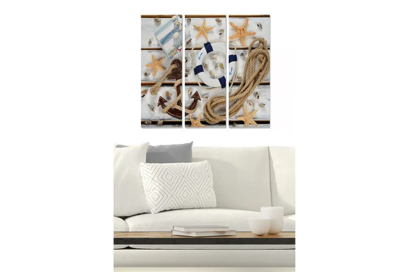 Trelerretsbilde 3-delt 50x70 cm - Marint stilleben med skjell, stjerneformet sjøstjerne og livbøye, Beige / Blå / Brun