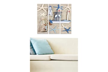 Trelerretsbilde 3-delt 50x70 cm - Maritim komposisjon med seilbåt og sjøstjerne - Blå / Hvit / Beige - Interiør - Maleri & posters - Lerretsbilder
