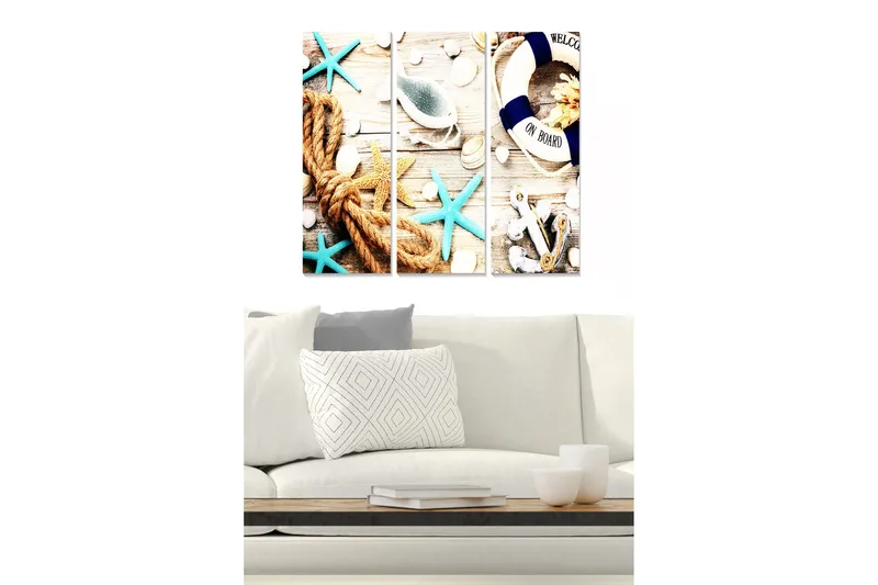 Trelerretsbilde 3-delt 50x70 cm - Maritim komposisjon med skjell, stjerneformet sjøstjerne og tau, Turkis / Beige / Hvit