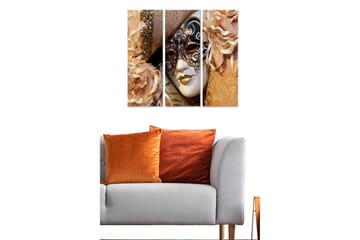 Trelerretsbilde 3-delt 50x70 cm - Maskerademaske med elegante detaljer og blomster i myke nyanser - Lys rosa / Gull / Hvit - Interiør - Maleri & posters - Lerretsbilder