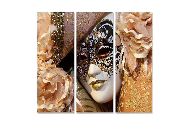 Trelerretsbilde 3-delt 50x70 cm - Maskerademaske med elegante detaljer og blomster i myke nyanser, Lys rosa / Gull / Hvit