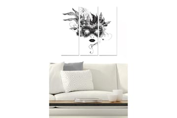 Trelerretsbilde 3-delt 50x70 cm - Maskert kvinne med fjær og detaljerte mønstre - Svart / Hvit - Interiør - Maleri & posters - Lerretsbilder