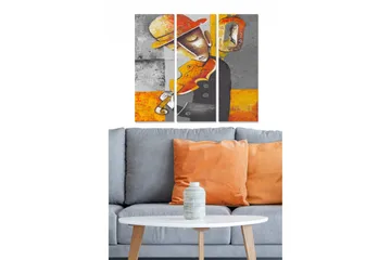 Trelerretsbilde 3-delt 50x70 cm - Musiker som spiller fiolin med en fargerik hatt - Oransje / Grå / Svart - Interiør - Maleri & posters - Lerretsbilder