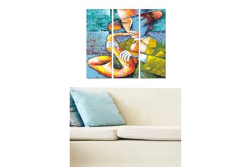 Trelerretsbilde 3-delt 50x70 cm - Musiker som spiller saksofon med fargerik bakgrunn - Blå / Oransje / Gul - Interiør - Maleri & posters - Lerretsbilder