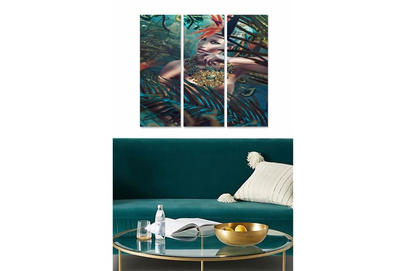 Trelerretsbilde 3-delt 50x70 cm - Mystisk kvinne omgitt av tropiske planter, Mørkegrønn / Turkis / Rød