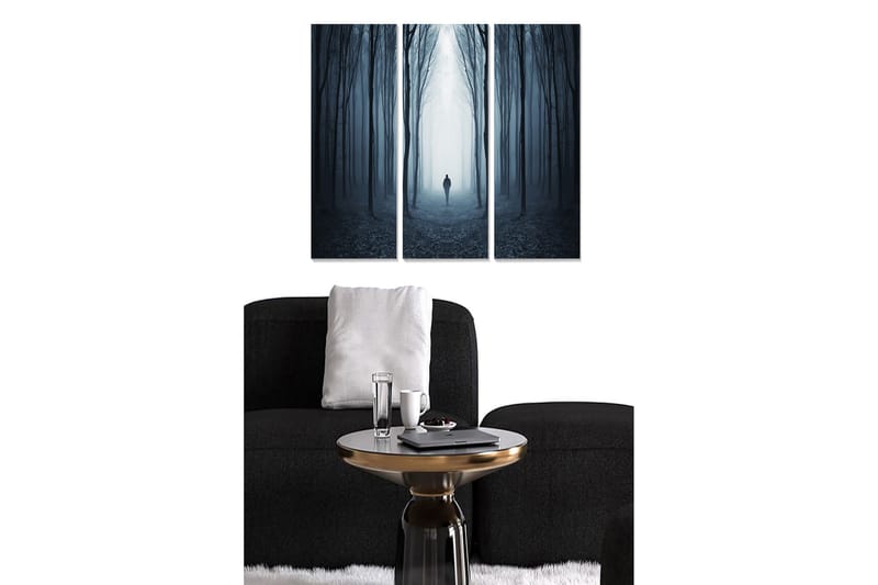 Trelerretsbilde 3-delt 50x70 cm - Mystisk skog med en enslig figur i tåke, Mørk blå / Grå / Svart