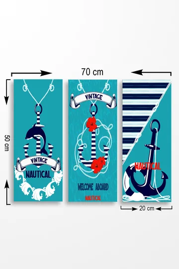 Trelerretsbilde 3-delt 50x70 cm - Nautisk komposisjon med anker og blomster - Turkis / Blå / Rød - Interiør - Maleri & posters - Lerretsbilder