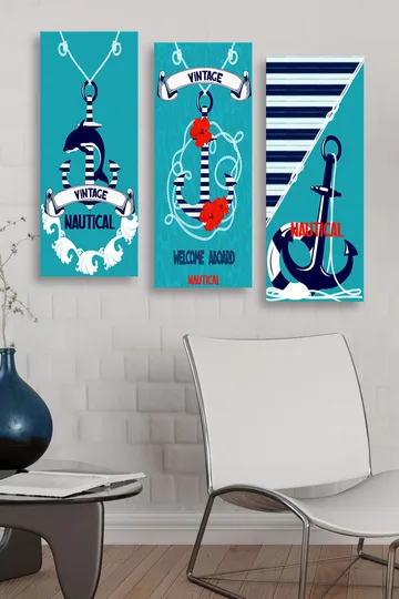 Trelerretsbilde 3-delt 50x70 cm - Nautisk komposisjon med anker og blomster - Turkis / Blå / Rød - Interiør - Maleri & posters - Lerretsbilder