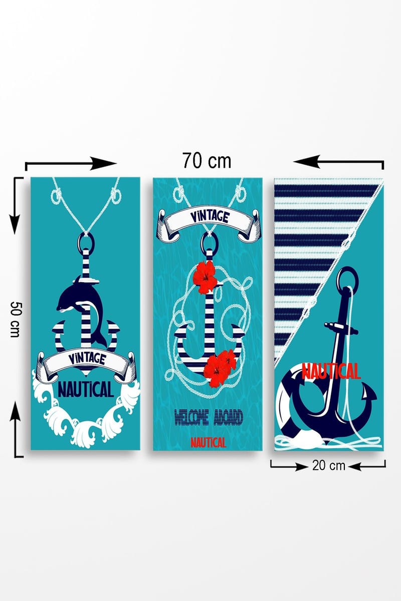 Trelerretsbilde 3-delt 50x70 cm - Nautisk komposisjon med anker og blomster, Turkis / Blå / Rød