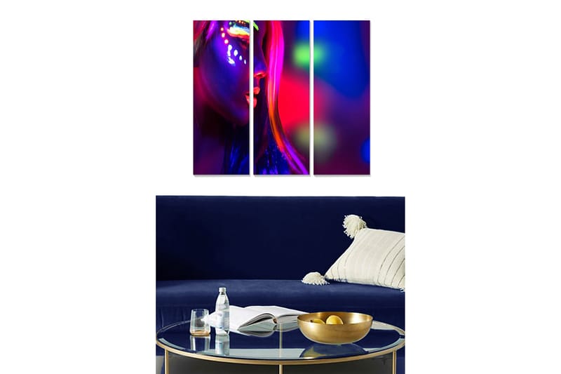 Trelerretsbilde 3-delt 50x70 cm - Neonfarget portrett av en kvinne med ansiktsmaling, Lilla / Rosa / Grønn