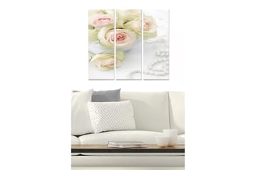 Trelerretsbilde 3-delt 50x70 cm - Nydelig bukett med rosa roser i en hvit bolle - Rosa / Hvit / Grønn - Interiør - Maleri & posters - Lerretsbilder