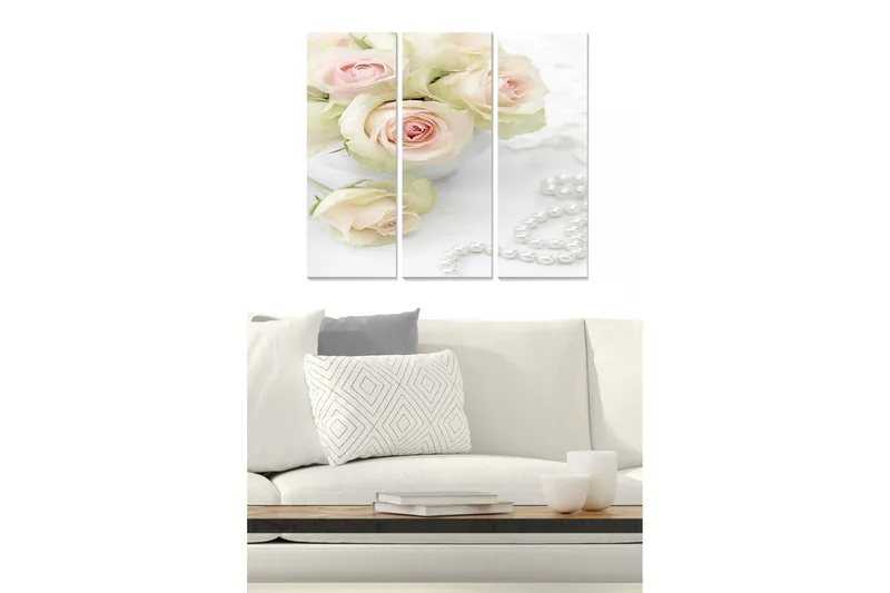 Trelerretsbilde 3-delt 50x70 cm - Nydelig bukett med rosa roser i en hvit bolle, Rosa / Hvit / Grønn