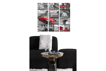 Trelerretsbilde 3-delt 50x70 cm - Rød bil i et svart-hvitt bybilde av Paris - Rød / Svart / Grå - Interiør - Maleri & posters - Lerretsbilder